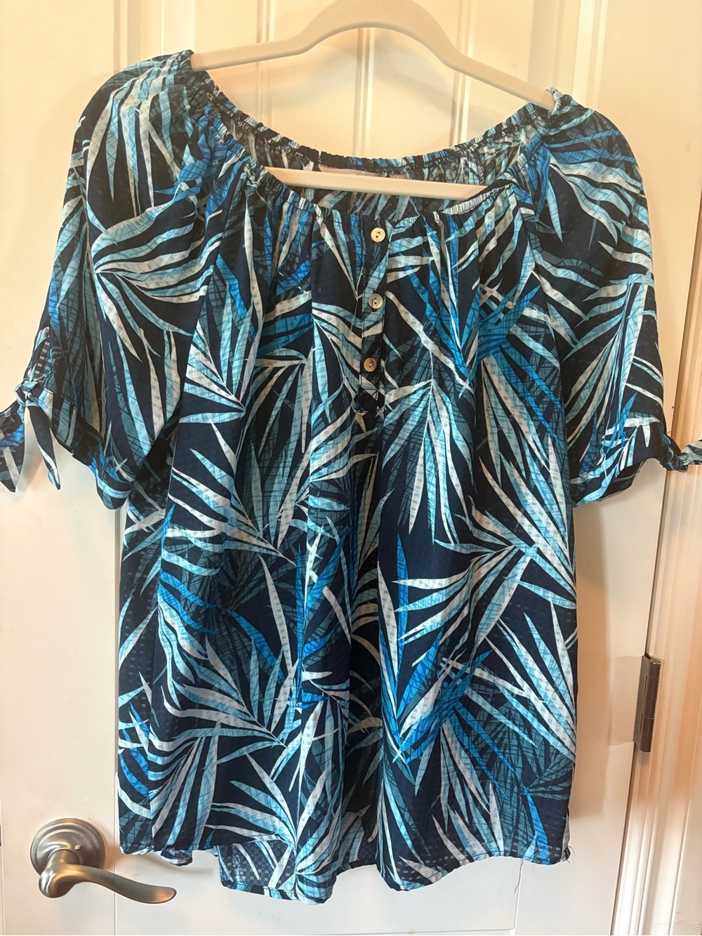 Coral Bay Navy and Light Blue Tropical Off-Shoulder Blouse